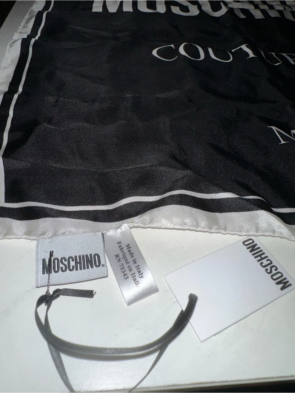 Moschino Black and White Logo Silk Scarf - Couture Milano